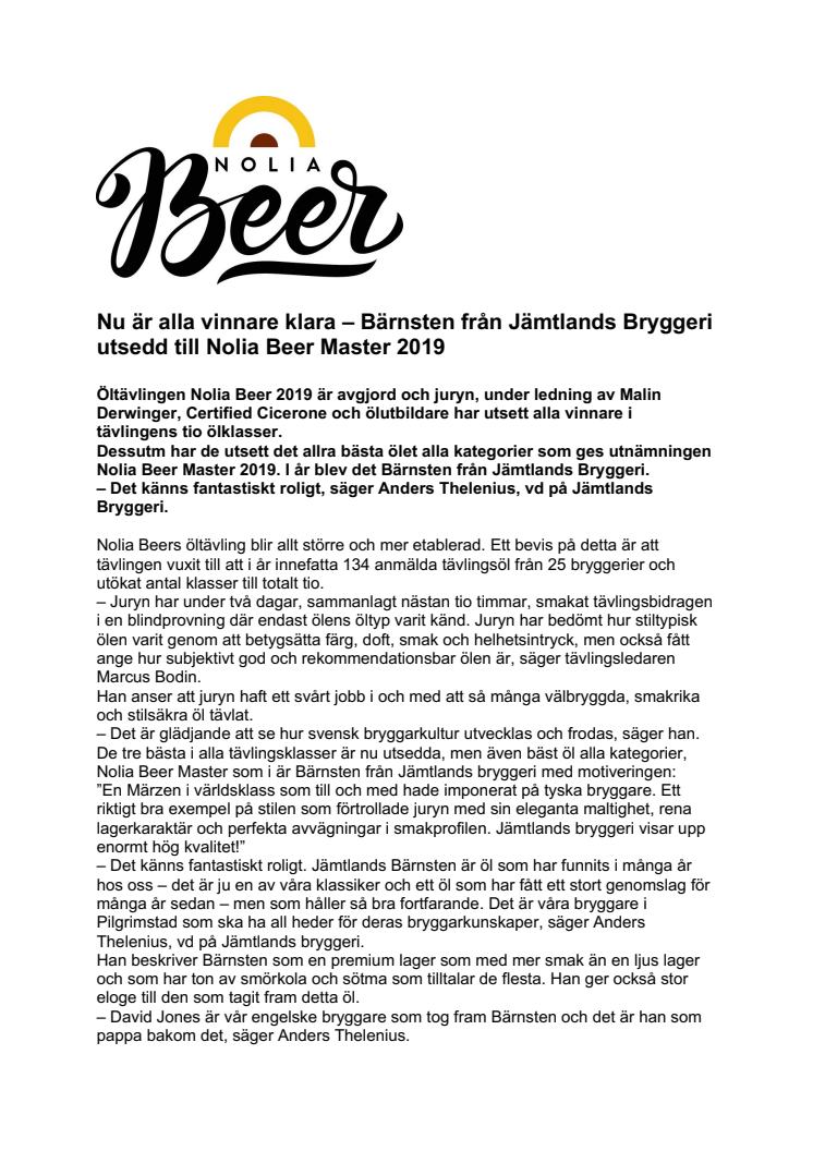 Nu är alla vinnare klara – Bärnsten från Jämtlands Bryggeri utsedd till Nolia Beer Master 2019