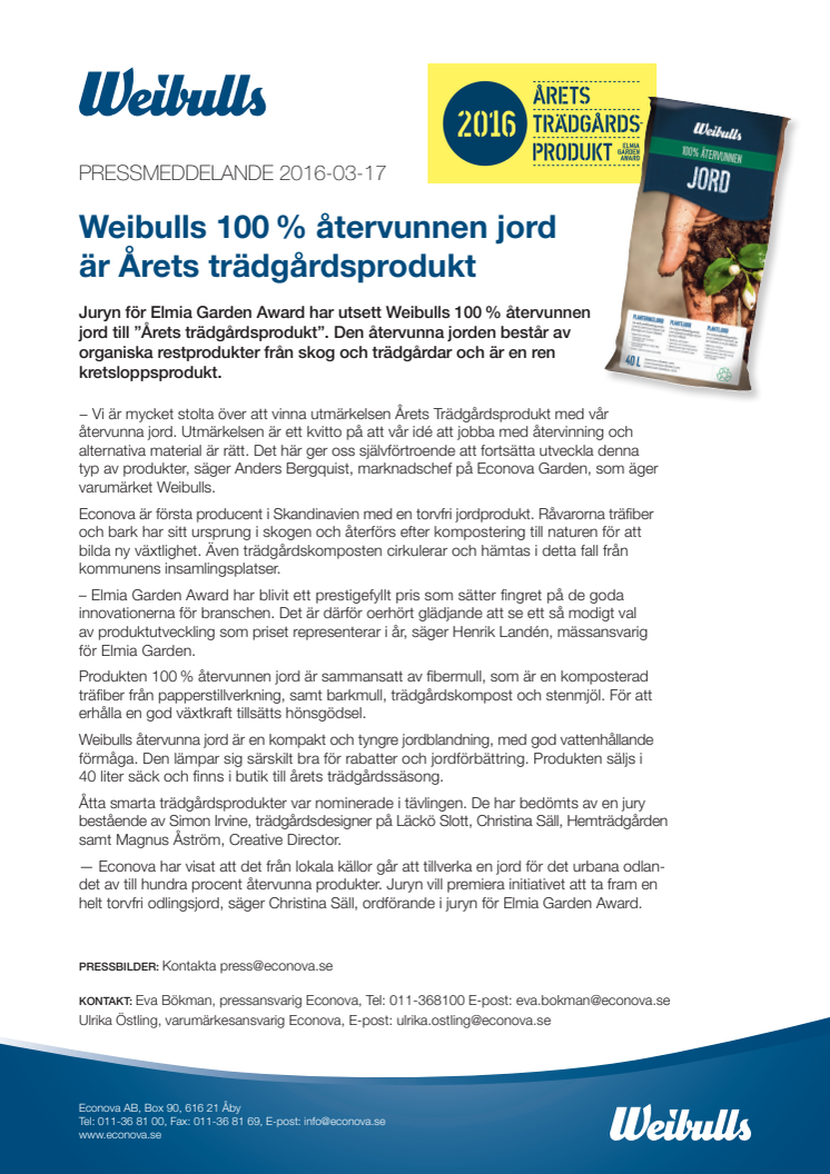 Weibulls 100 % återvunnen jord  är Årets trädgårdsprodukt