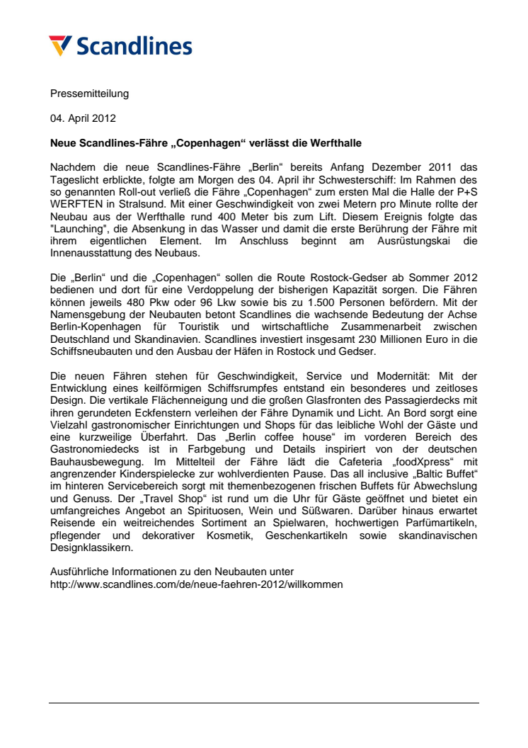 Neue Scandlines-Fähre „Copenhagen“ verlässt die Werfthalle