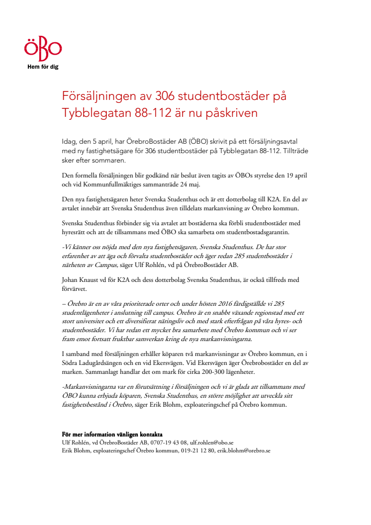 Försäljningen av 306 studentbostäder på Tybblegatan 88-112 är nu påskriven