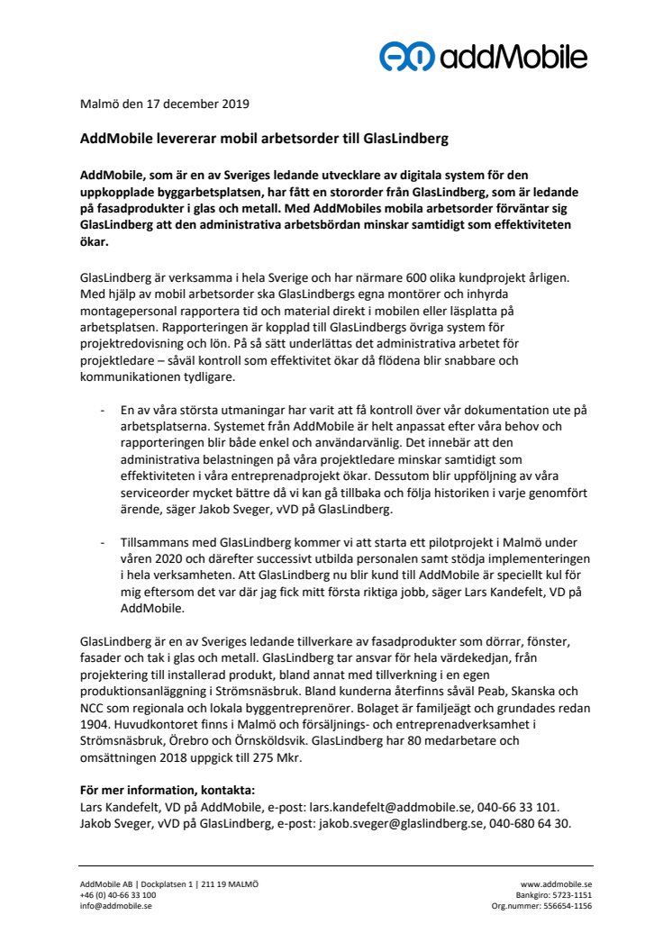 ​AddMobile levererar mobil arbetsorder till GlasLindberg