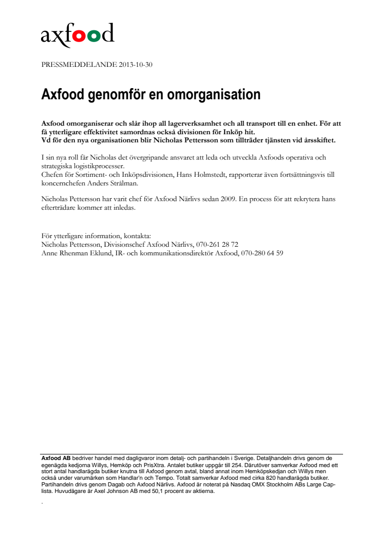 Axfood genomför en omorganisation