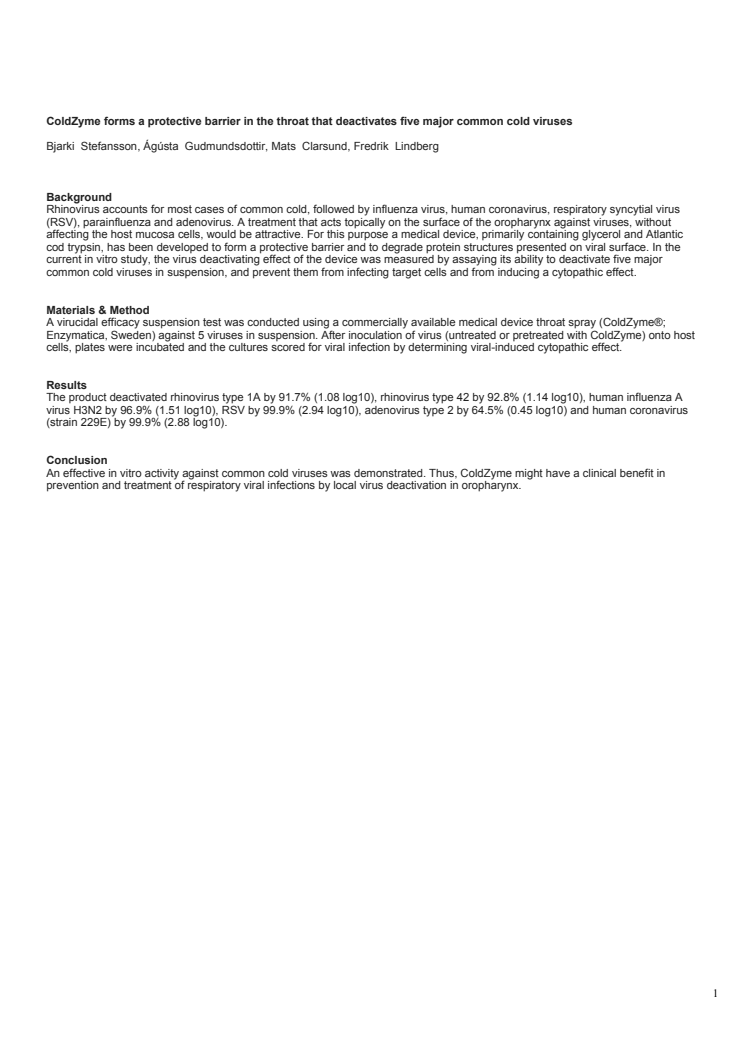 Stefansson et al, ColdZyme forms a protective barrier in the throat that deactivates five major common cold viruses, Congress of the Swedish Association of Otolaryngology, 2018_Abstract