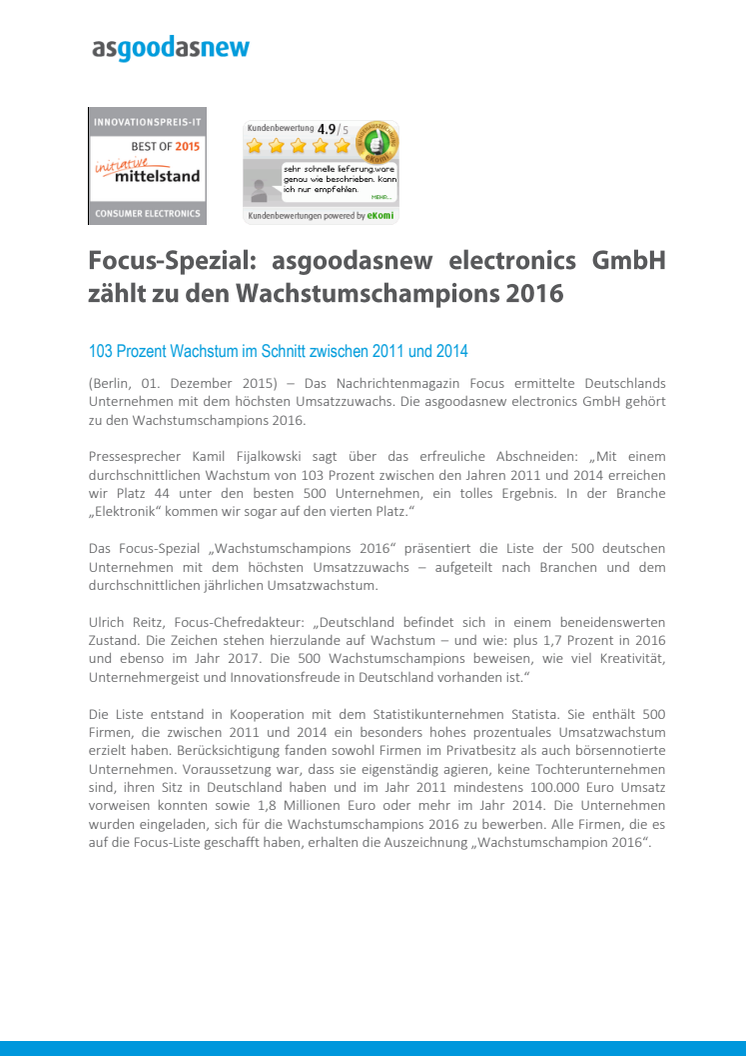 Focus-Spezial: asgoodasnew electronics GmbH zählt zu den Wachstumschampions 2016