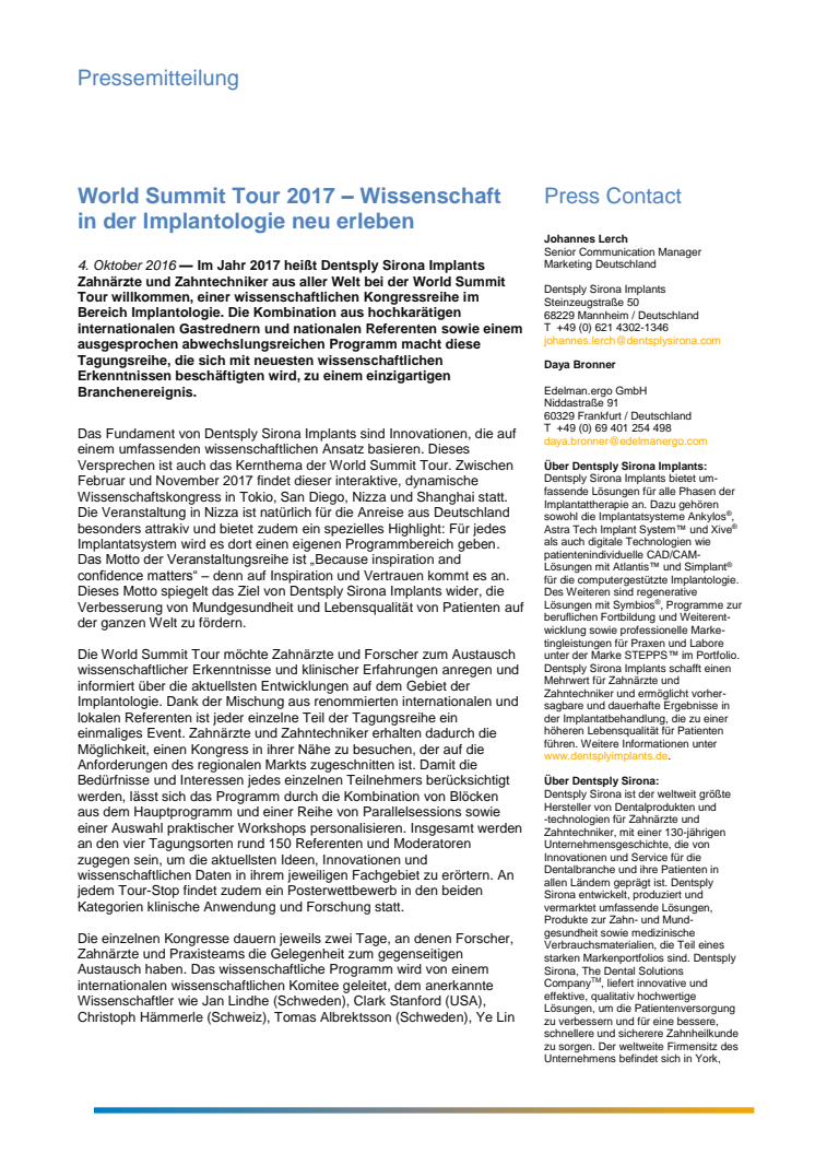 World Summit Tour 2017 – Wissenschaft in der Implantologie neu erleben