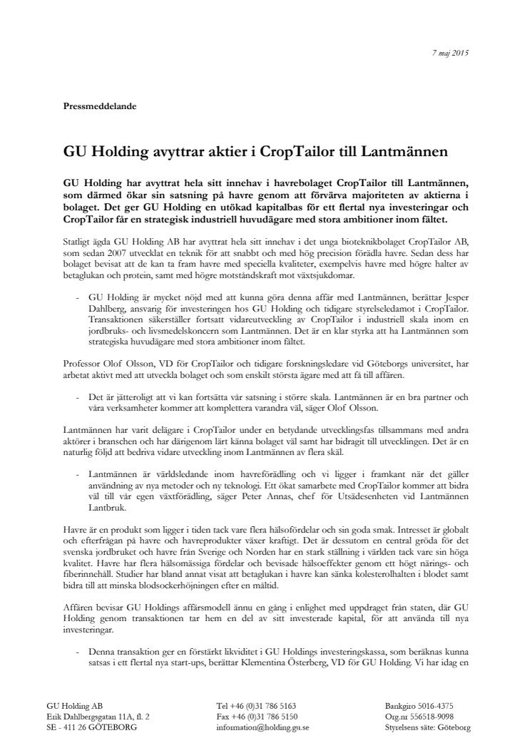 GU Holding avyttrar aktier i CropTailor till Lantmännen