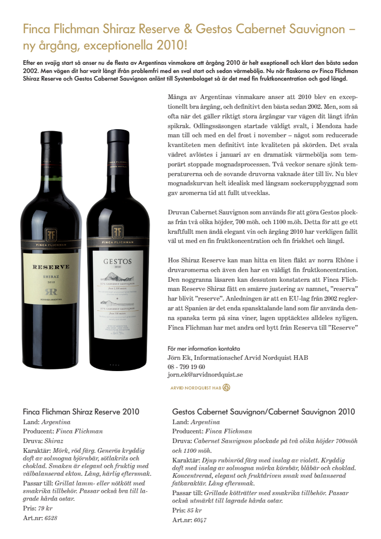 Finca Flichman Shiraz Reserve & Gestos Cabernet Sauvignon – ny årgång, exceptionella 2010!