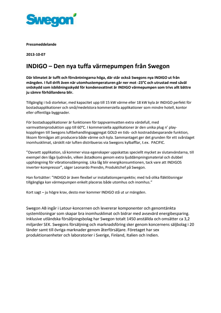 INDIGO – Den nya tuffa värmepumpen från Swegon