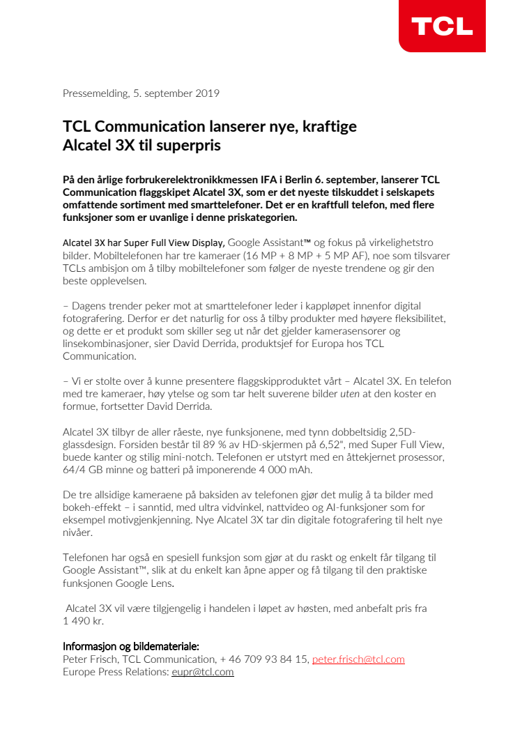 TCL Communication lanserer nye, kraftige  Alcatel 3X til superpris