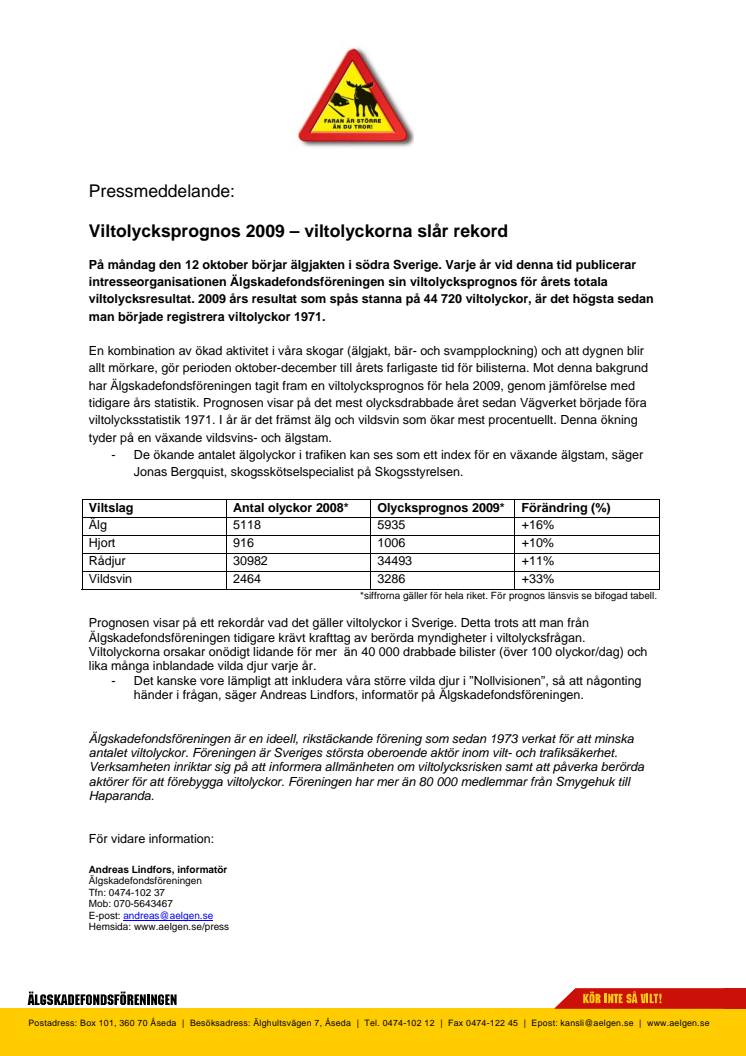 Viltolycksprognos 2009 – viltolyckorna slår rekord