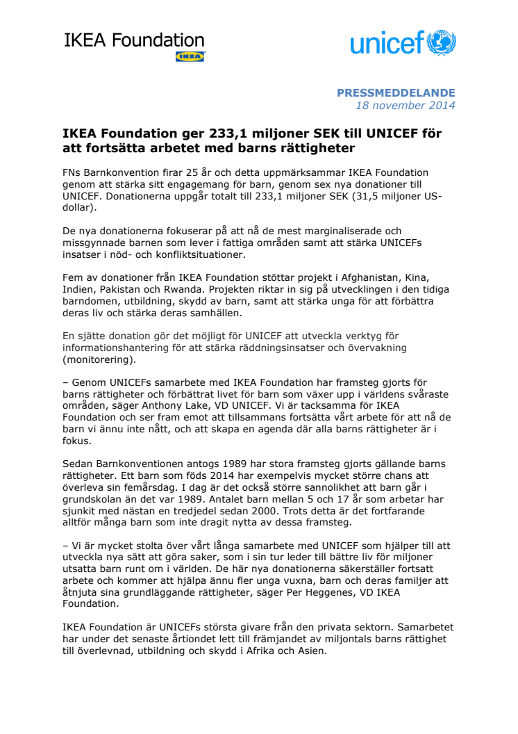 IKEA Foundation ger 233,1 miljoner SEK till UNICEF för att fortsätta arbetet med barns rättigheter