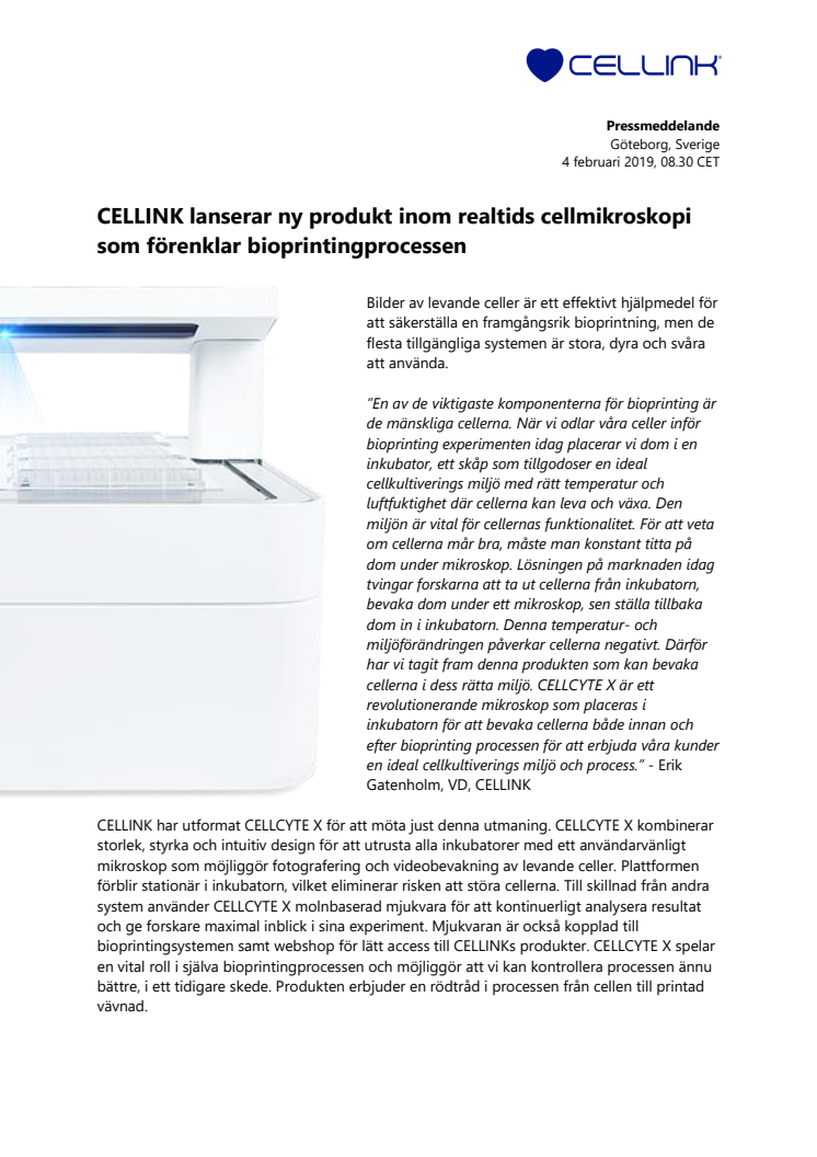 CELLINK lanserar ny produkt inom realtids cellmikroskopi som förenklar bioprintingprocessen