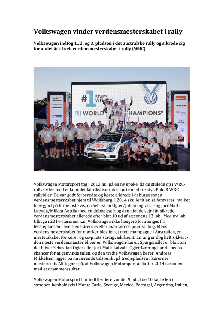 Volkswagen vinder verdensmesterskabet i rally 2014