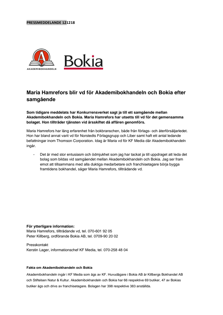 Maria Hamrefors blir vd för Akademibokhandeln och Bokia efter samgående 
