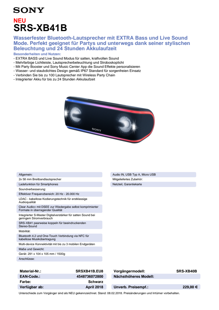Datenblatt Wireless Speaker SRS-XB41 von Sony