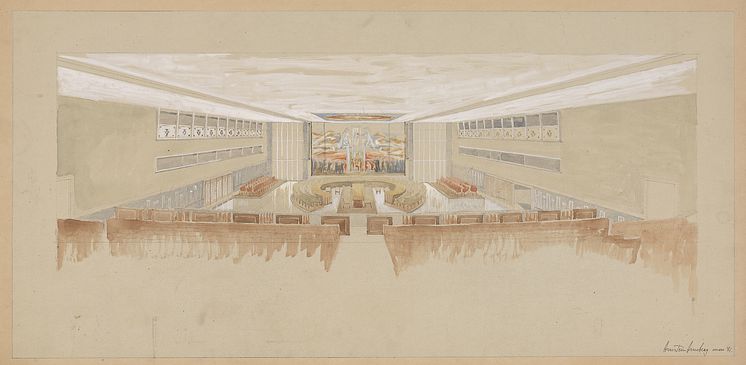 Utkast til innredning av Sikkerhetsrådets sal, 1949 arkitekt Arnstein Arneberg.