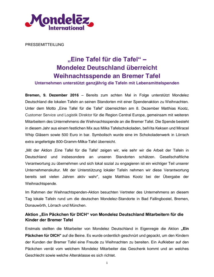 „Eine Tafel für die Tafel“ – Mondelez Deutschland überreicht Weihnachtsspende an Bremer Tafel