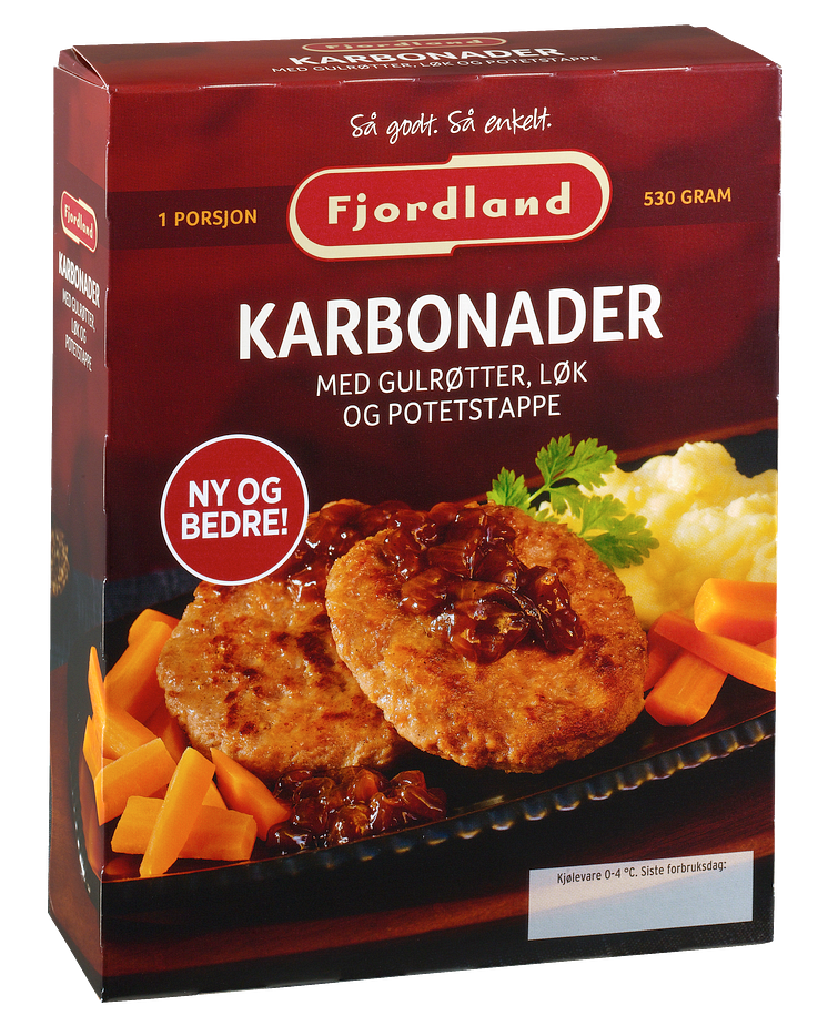 Fjordland karbonader med gulrotstaver, potetmos og løkkompott