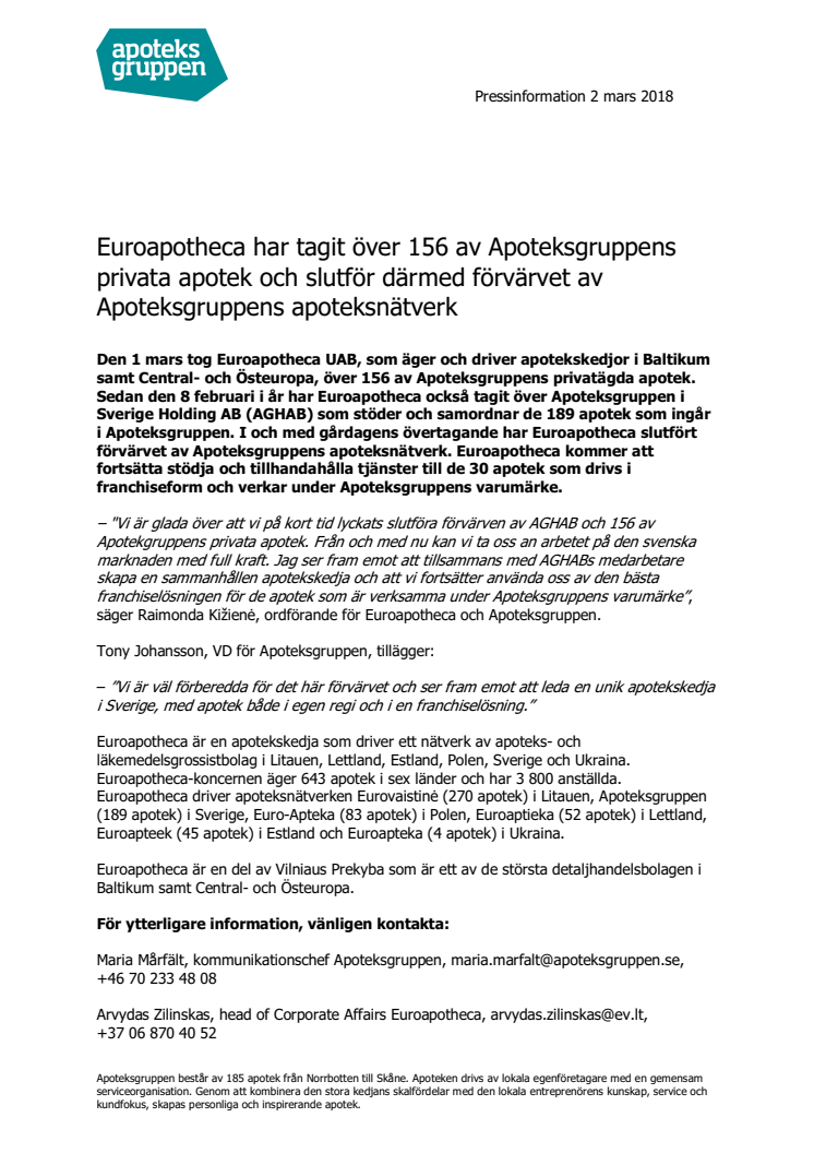 Euroapotheca har tagit över 156 av Apoteksgruppens privata apotek och slutför därmed förvärvet av Apoteksgruppens apoteksnätverk