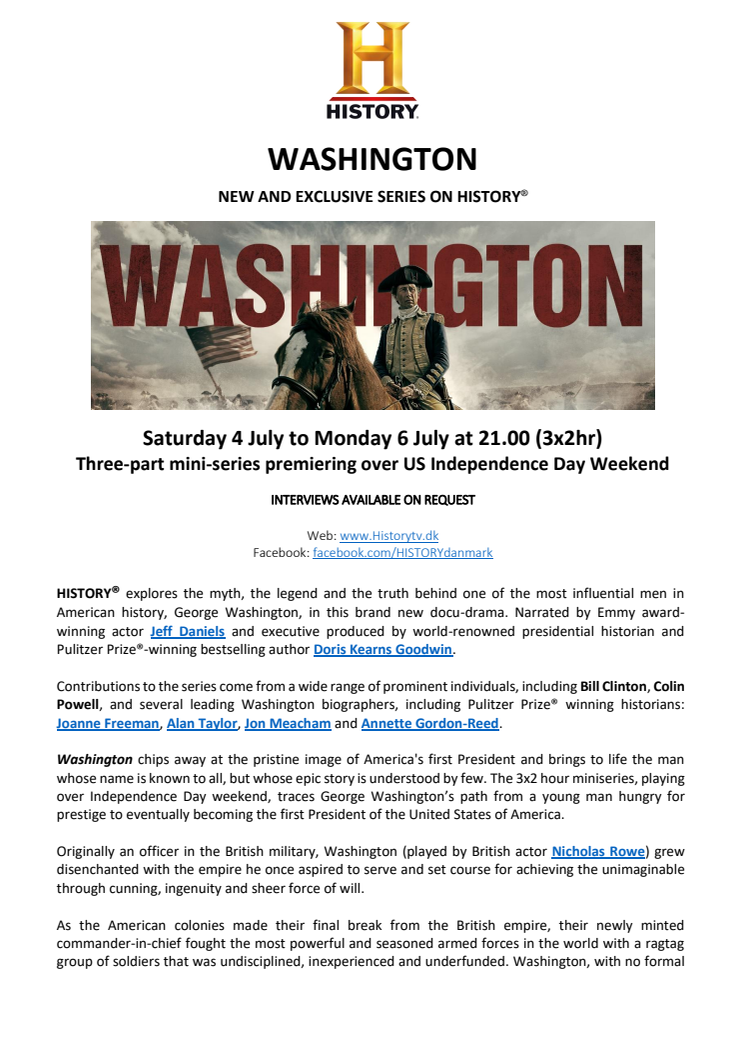 PRESS RELEASE | WASHINGTON NEW AND EXCLUSIVE SERIES ON HISTORY®