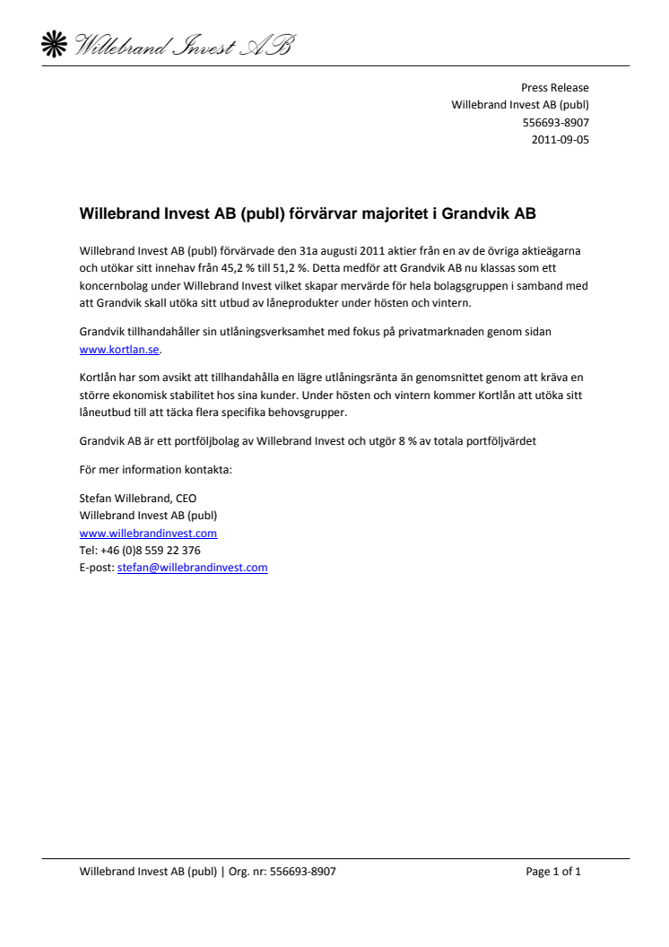 Willebrand Invest AB (publ) förvärvar majoritet i Grandvik AB