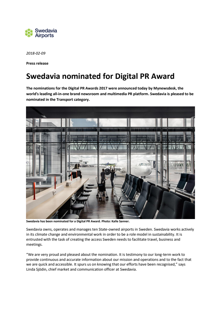 Swedavia nominated for Digital PR Award