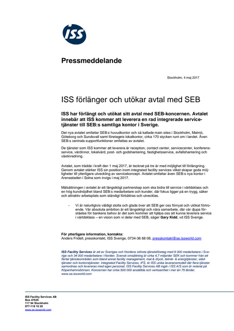 ISS förlänger och utökar avtal med SEB