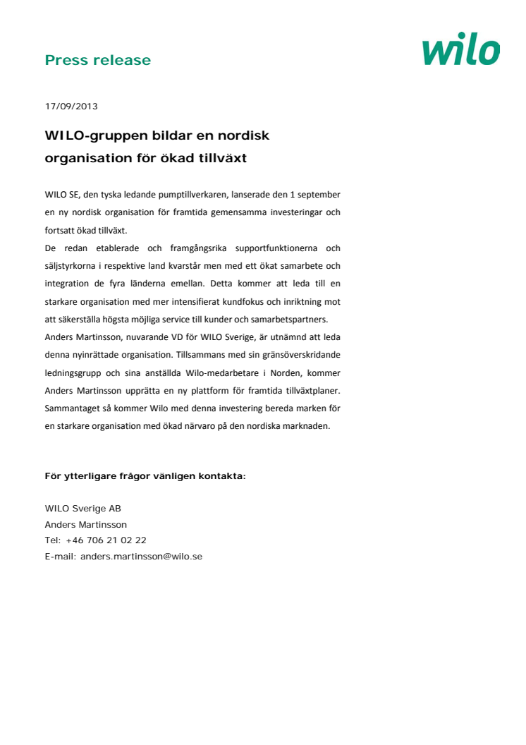 WILO-gruppen bildar en nordisk organisation för ökad tillväxt 