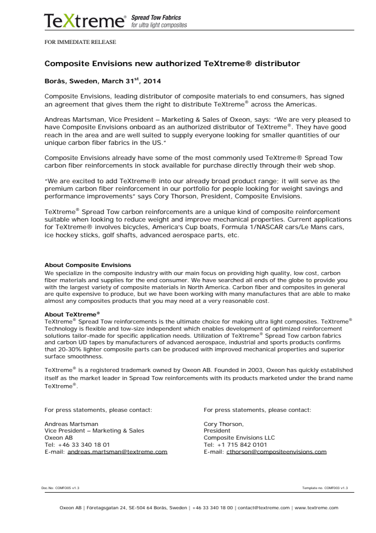 Composite Envisions new authorized TeXtreme® distributor