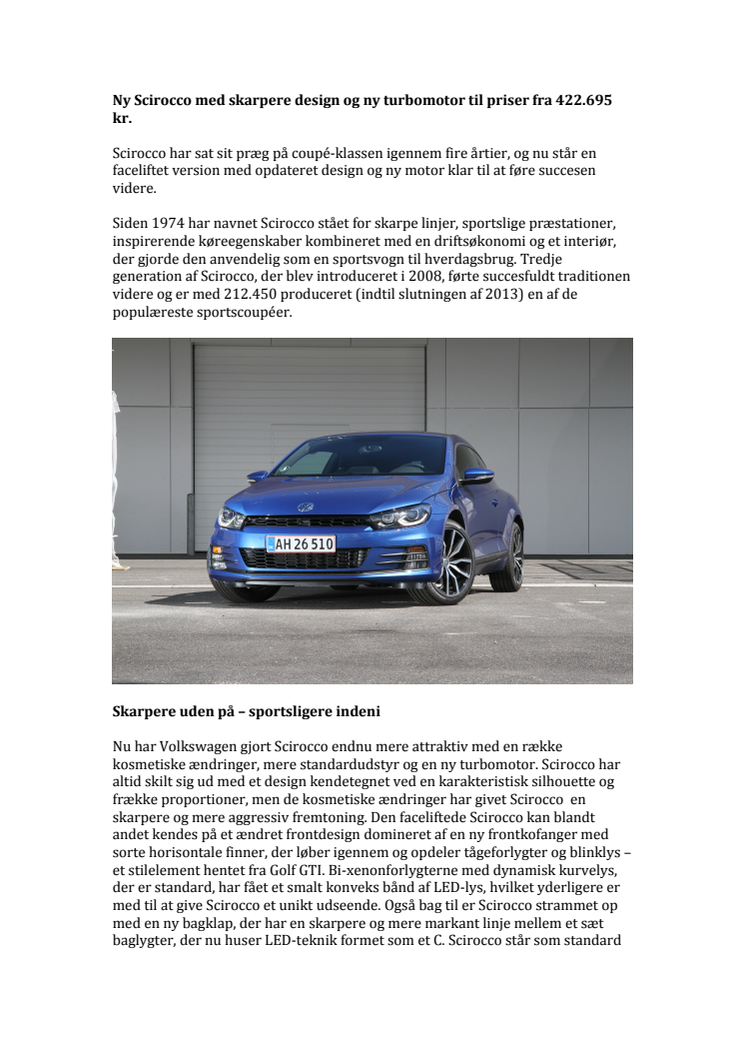 Ny Scirocco med skarpere design og ny turbomotor til priser fra 422.695 kr.