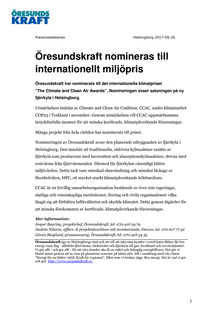 Öresundskraft nomineras till internationellt miljöpris