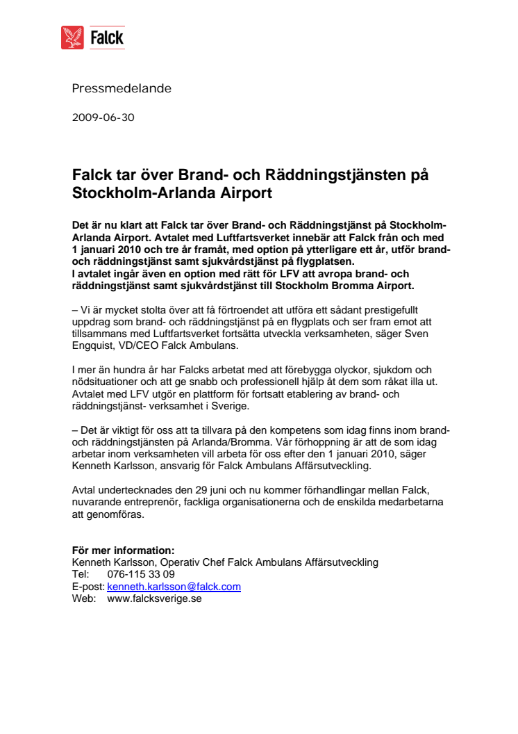 Falck tar över Brand- och Räddningstjänsten på Stockholm-Arlanda Airport