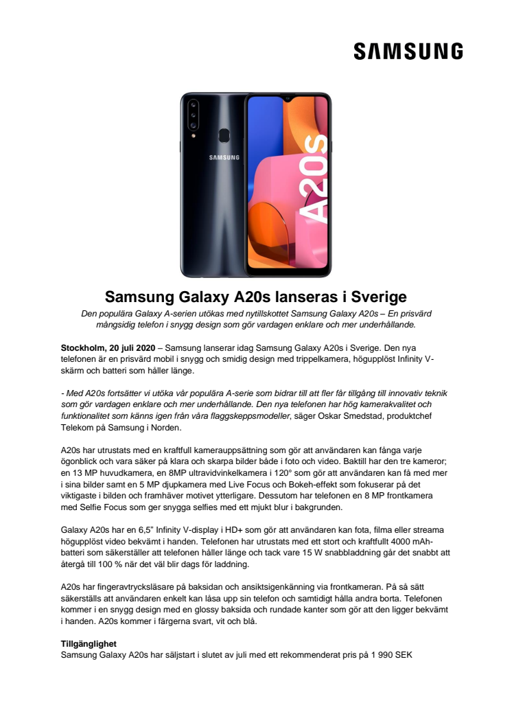 Samsung Galaxy A20s lanseras i Sverige