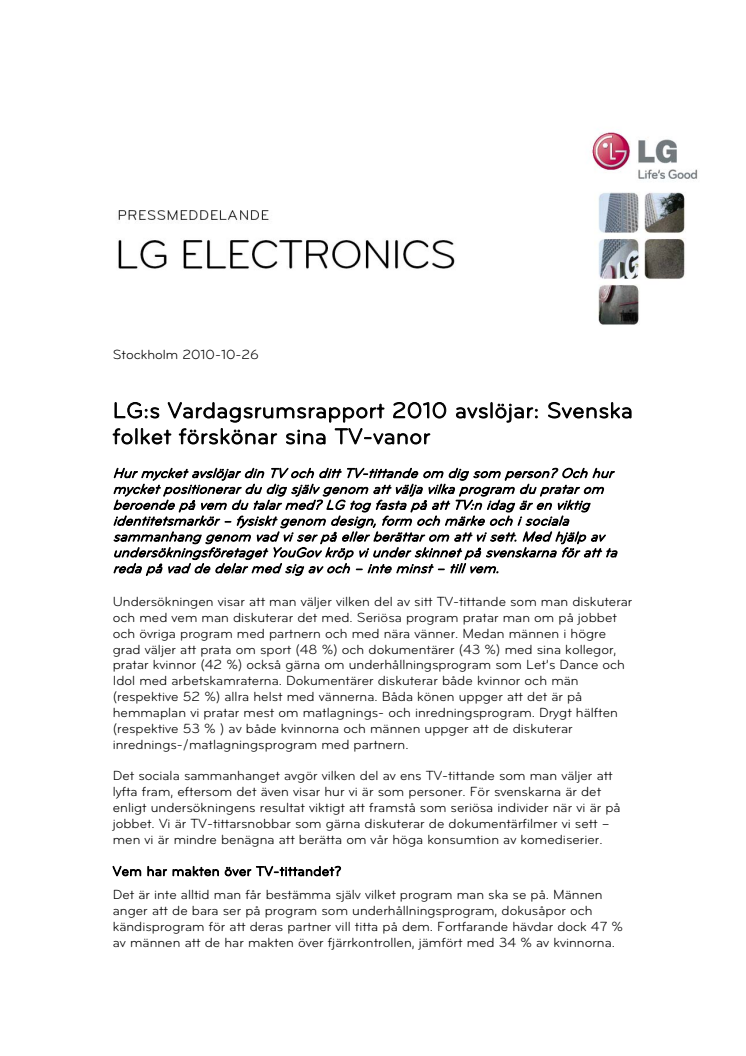 LG:s Vardagsrumsrapport 2010 avslöjar: Svenska folket förskönar sina TV-vanor