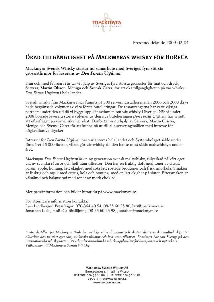 Ökad tillgänglighet på Mackmyras whisky för HoReCa