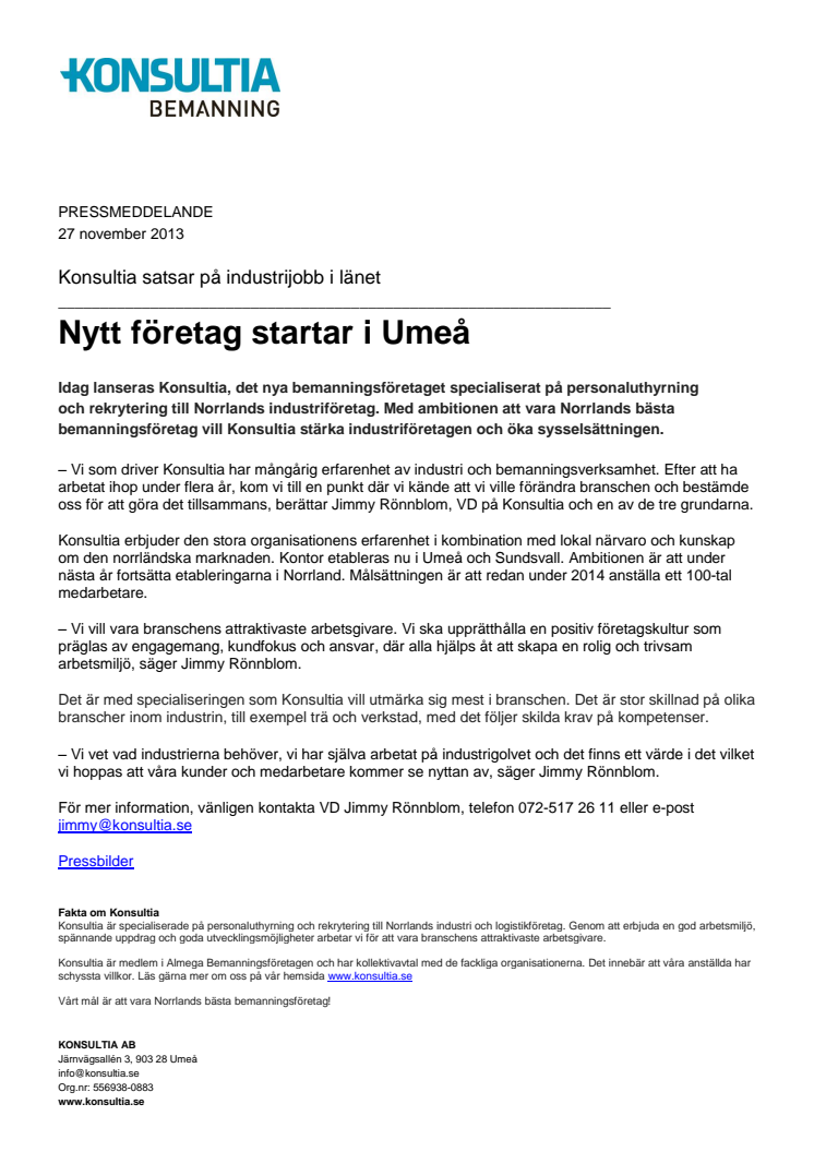 Konsultia satsar på industrijobb i länet - Nytt företag startar i Umeå
