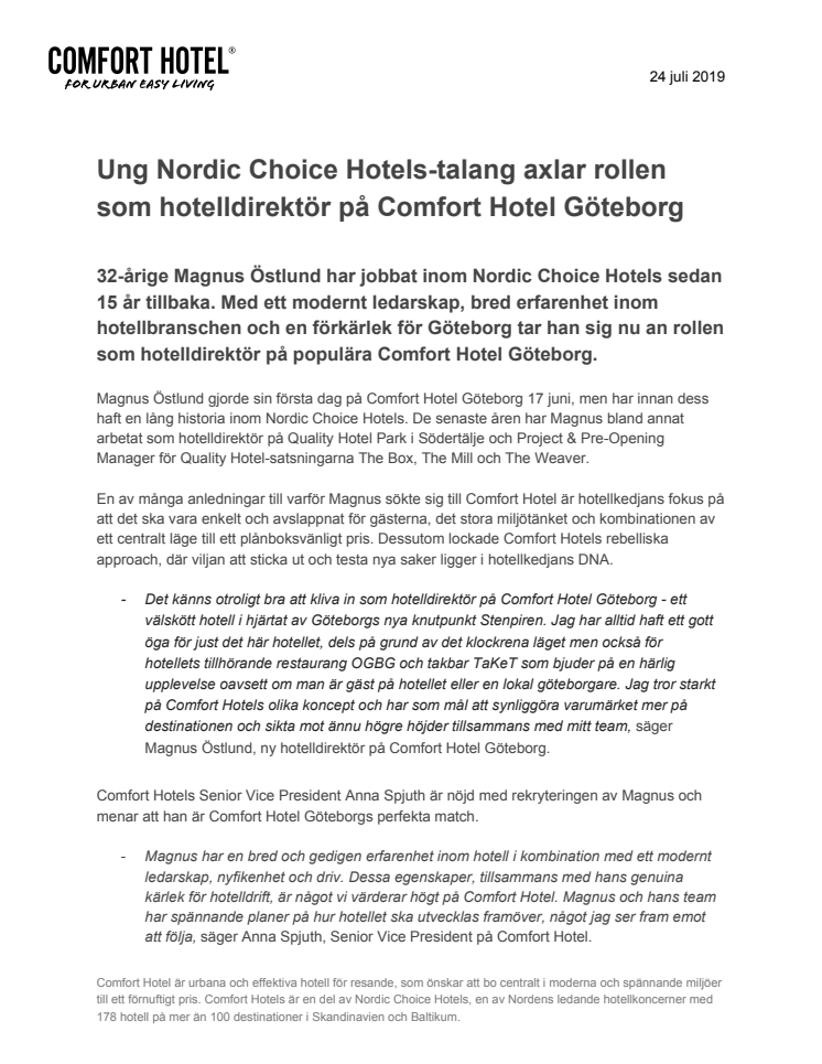 Ung Nordic Choice Hotels-talang axlar rollen som hotelldirektör på Comfort Hotel Göteborg