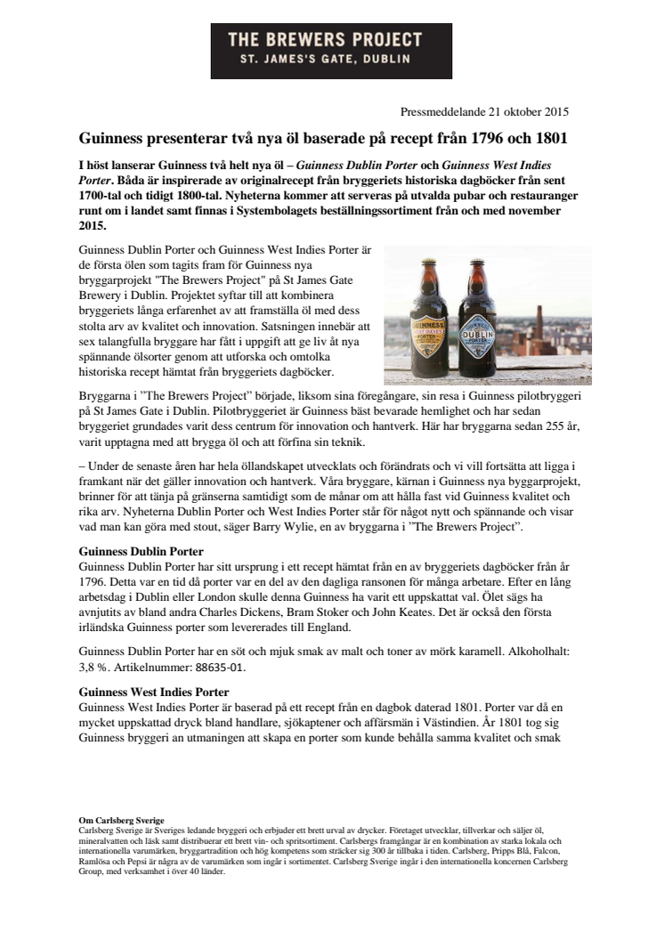 Guinness presenterar två nya öl baserade på recept från 1796 och 1801
