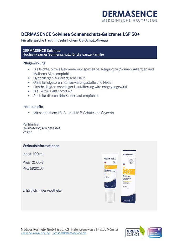 Factsheet AT: DERMASENCE Solvinea Sonnenschutz-Gelcreme LSF 50+