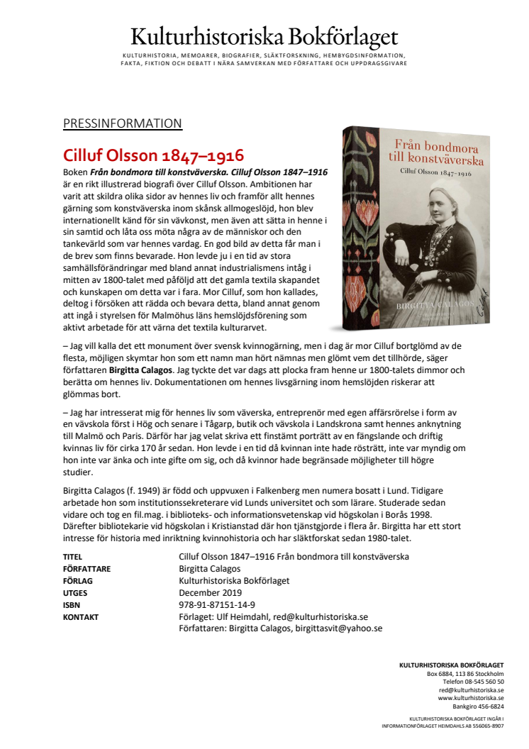 Pressmeddelande, boken om Cilluf Olsson 1847-1916