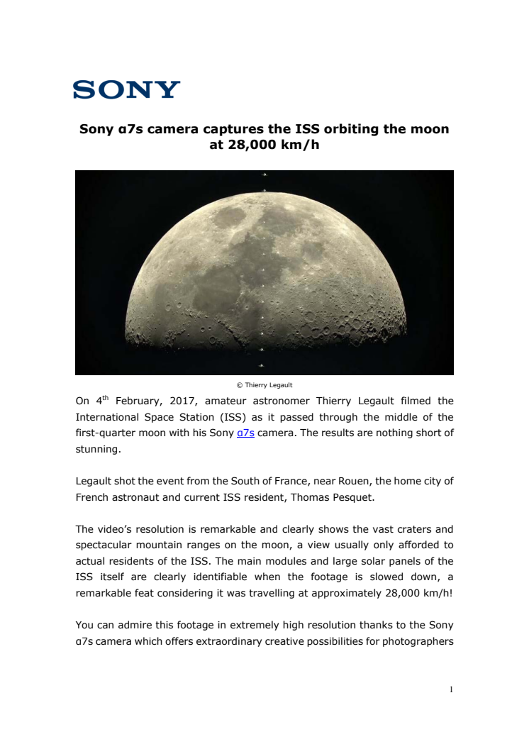 Sony α7s camera captures the ISS orbiting the moon at 28,000 km/h