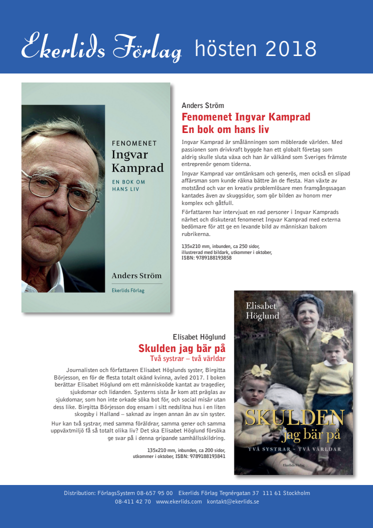 Biografi om Ingvar Kamprad och Elisabet Höglund om sin okända syster bland Ekerlids Förlags höstutgivning