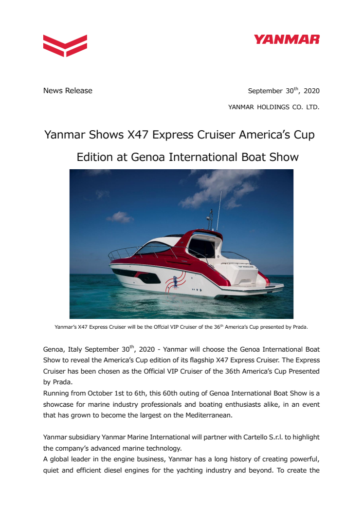 Yanmar Shows X47 Express Cruiser America’s Cup Edition at Genoa International Boat Show