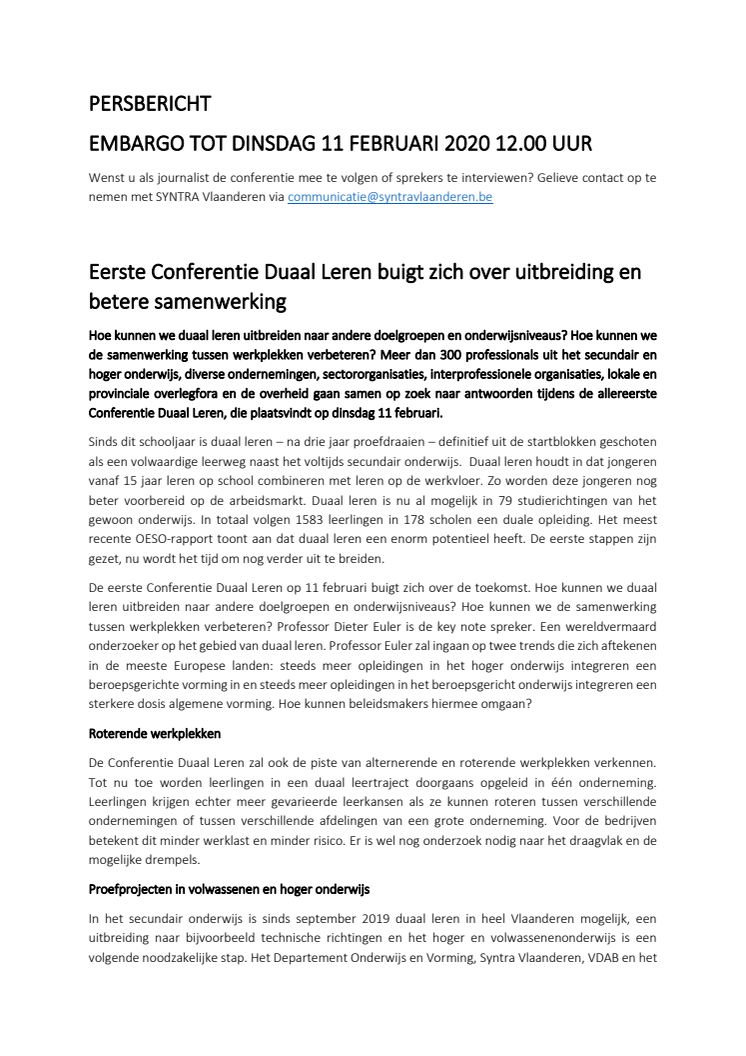 Eerste Conferentie Duaal Leren buigt zich over uitbreiding en betere samenwerking