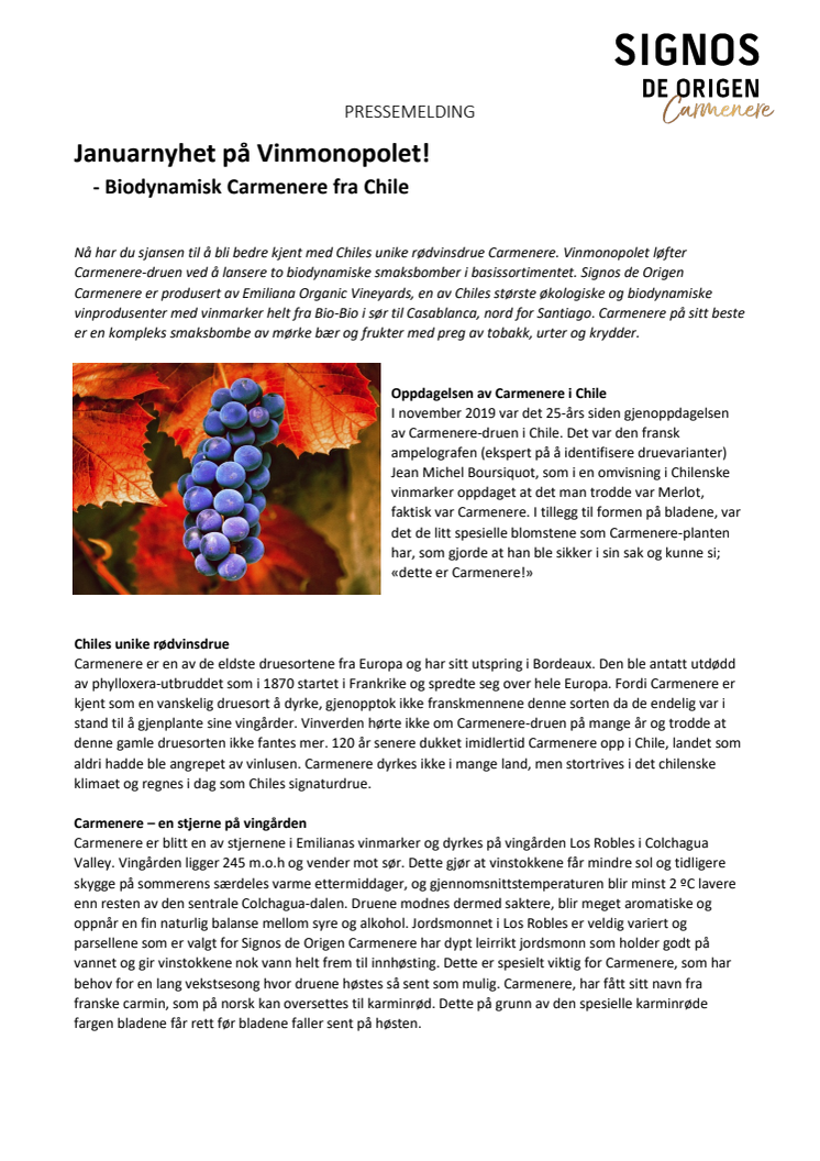Januarnyhet på Vinmonopolet - Biodynamisk Carmenere fra Chile!