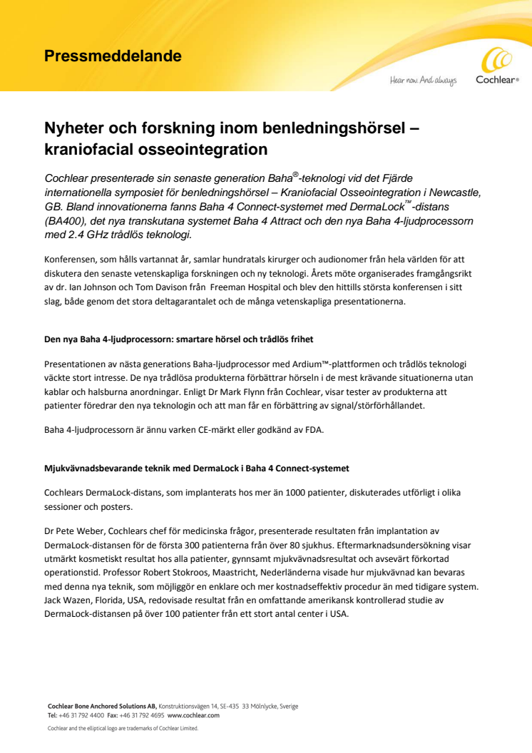 Nyheter och forskning inom benledningshörsel – kraniofacial osseointegration