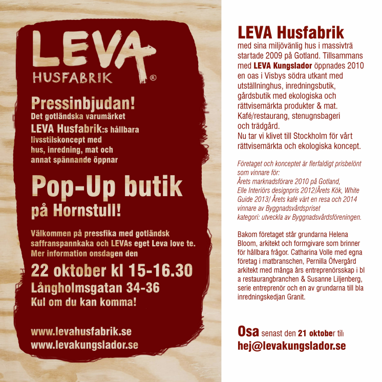 Pressinbjudan till LevaHusfabrik POU-UP Butik Stockholm/Hornstull