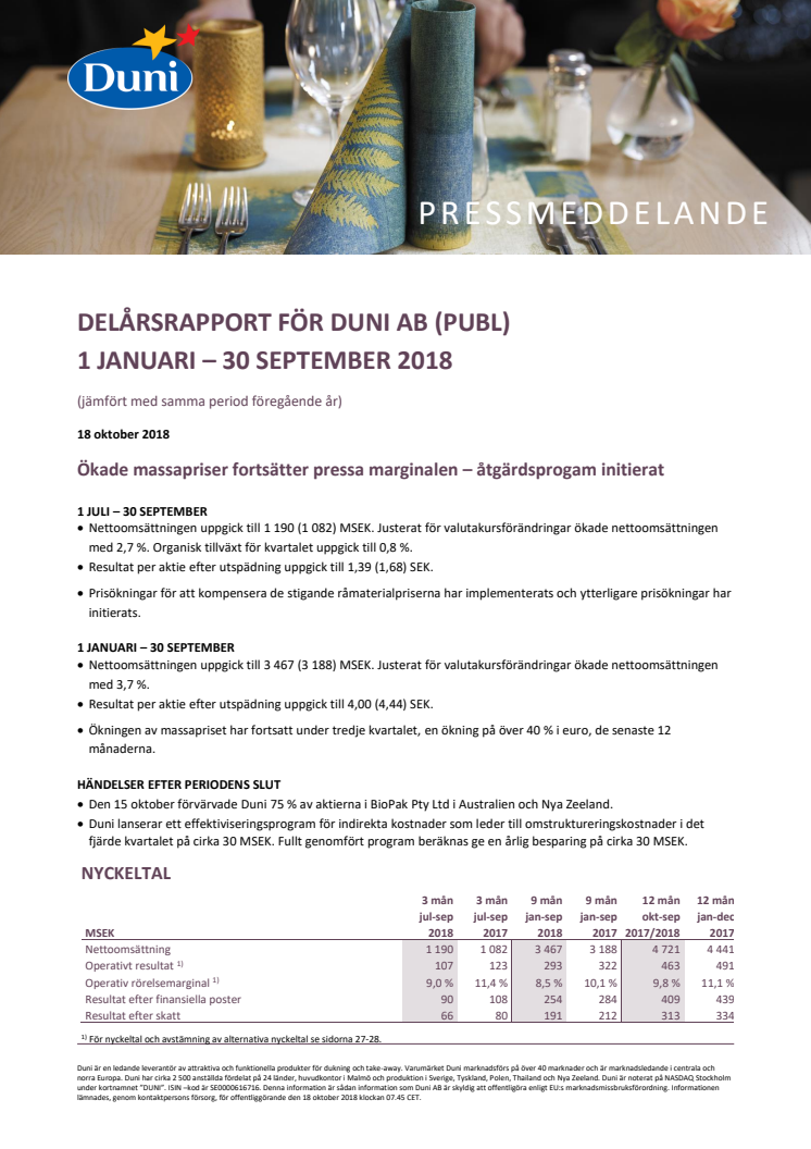 Delårsrapport för Duni AB (publ)  1 januari - 30 september 2018