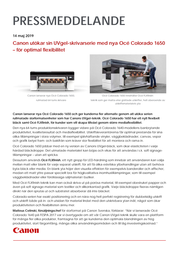 Canon utökar sin UVgel-skrivarserie med nya Océ Colorado 1650 – för optimal flexibilitet 