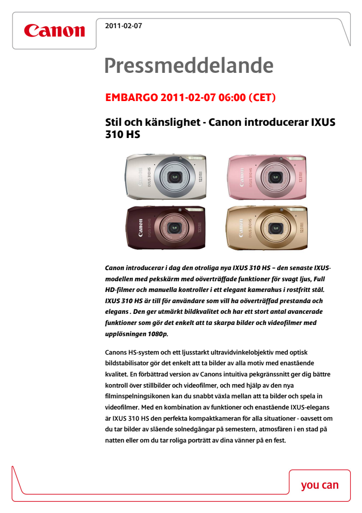 Stil och känslighet - Canon introducerar IXUS 310 HS